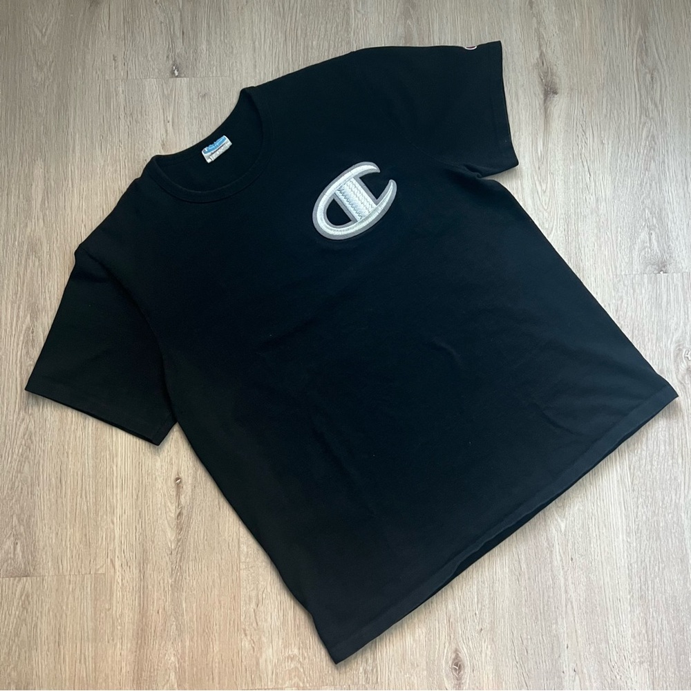 Vintage 90s Champion Black Crewneck with Big Silver Embroidered Logo Men's XL - Picture 3 of 10
